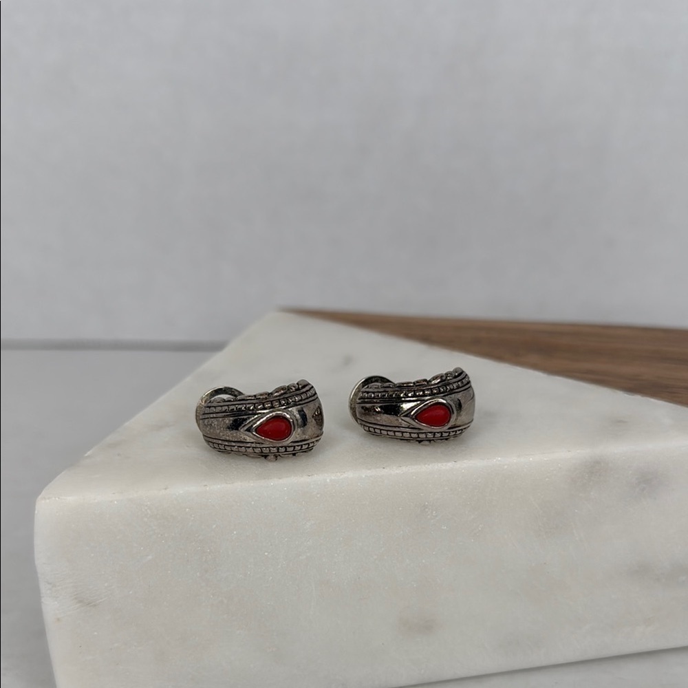 Vintage Silver and Red Clip-on Pierced Earrings lot E16